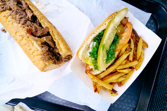 Chicago beef sandwich and hot dog