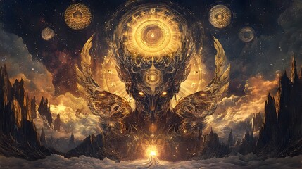 Mystical Totemic Zodiac Deity in Ornate Celestial Landscape