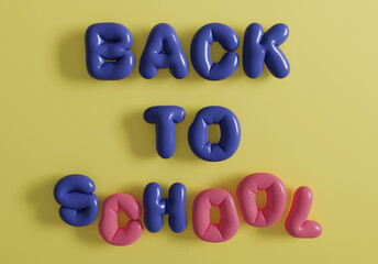 Colorful balloon letters spell out back to school on a bright yellow b