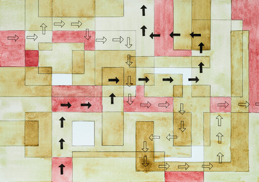 A watercolor and ink painting, about direction