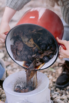 Pouring organic waste for composting in garden