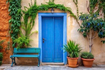 Blue door entrance to building with plants and bench