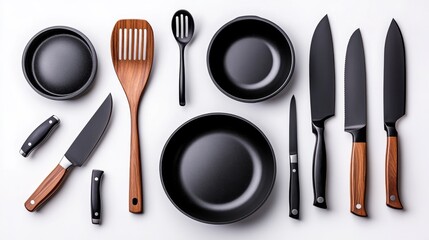 Black Kitchen Utensils and Wooden Handles on White Background