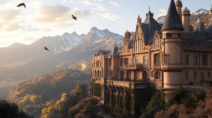 Airborne Neoclassical Manor with Intricate Latticework and Radiant Gemstone Details Overlooking Picturesque Mountain Vista