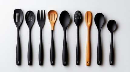 Black and Wooden Kitchen Utensils on White Background