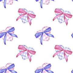 Pink and blue rag hearts in a cage with bows. Seamless pattern painted with watercolors on a white background. For decoration, design, paper, textiles, printing