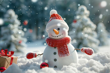Christmas greeting card with bright winter holiday snowman and New Year background