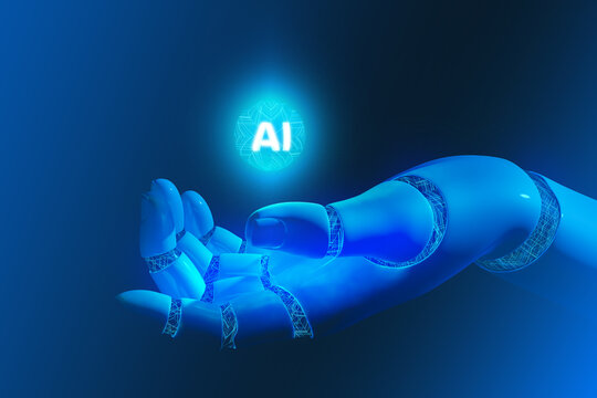 Robotic hand holds AI sphere in futuristic setting.