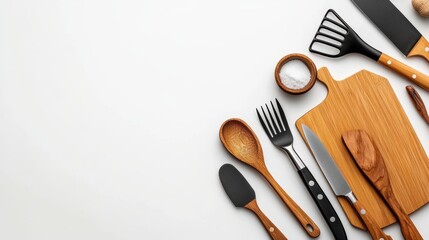 Fototapeta premium Kitchen Utensil Flat Lay with Cutting Board and White Background