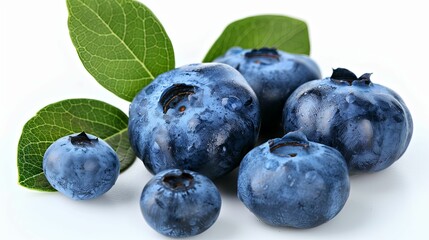 Close-up of Ripe Blueberries with Green Leaves on a White Background