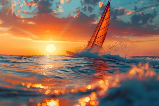 Outdoor enthusiasts windsurfing off the coast, adventure, sports