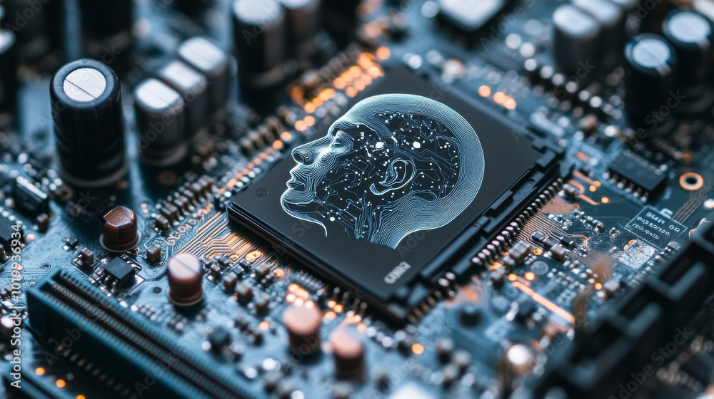 Poster a computer chip with built-in artificial intelligence. the ai is directly on the chip, connected to 