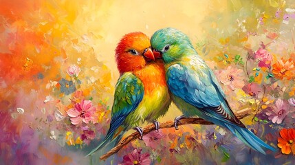 Obraz premium Affectionate Lovebirds in a Radiant Floral Meadow Vibrant Oil Painting Rendering