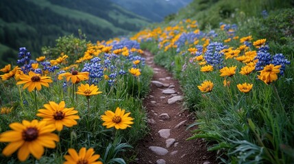 A scenic path lined with vibrant wildflowers in a lush landscape.