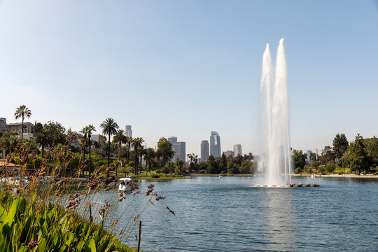 Echo Park Lake Fountain and Downtown Los Angeles Skyline on a Cl