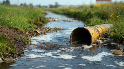 heavily polluted river flows through an industrial area, its murky waters tainted by chemicals, symbolizing environmental neglect and the urgent need for sustainable practices to prevent ecological da