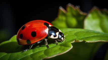 Fototapeta premium A vibrant red ladybug rests on a lush green leaf, highlighted by a soft focus background, embodying simplicity and nature's elegance.
