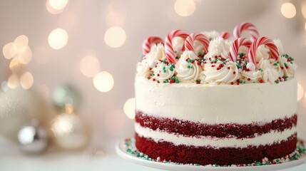 Festive Red Velvet Cake with Holiday Decorations
