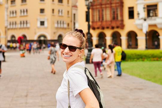 Blonde girl tourist in Per&uacute;