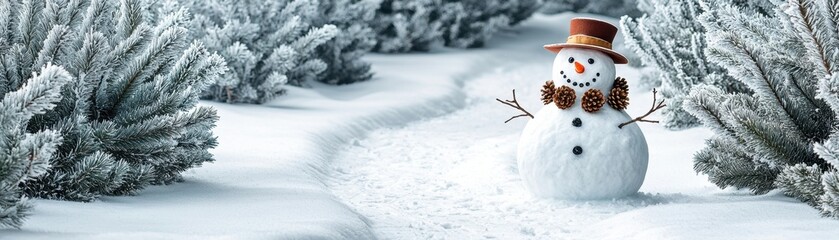 Obraz premium A cheerful snowman stands in a winter wonderland, surrounded by snow-covered trees and a charming pathway