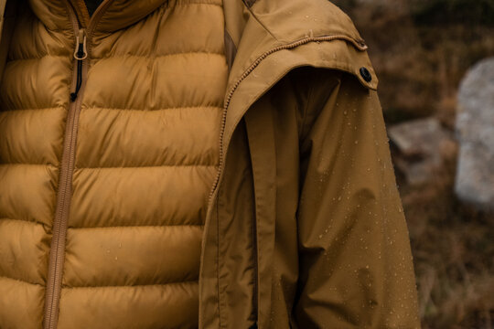 Close up shot of outdoor clothes in mountains.