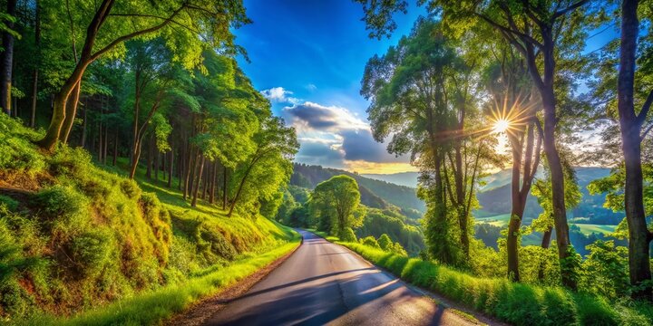 Serene Scenery of Howland Hill Road Surrounded by Lush Green Forest and Sunlit Blue Sky