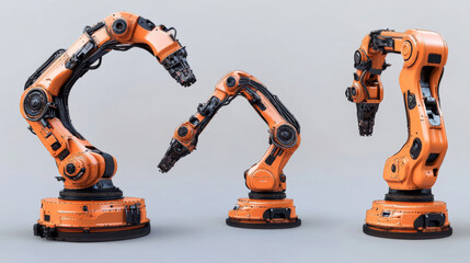 These are images of robotic arms used in factories. They are designed to move and position objects precisely. The pictures show the robots in a 3D style, making them look very real.