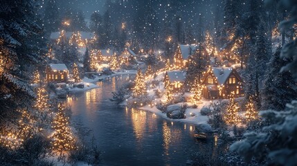 Fototapeta premium A cozy elf village illuminated by twinkling lights creates a magical and inviting atmosphere on a winter night.
