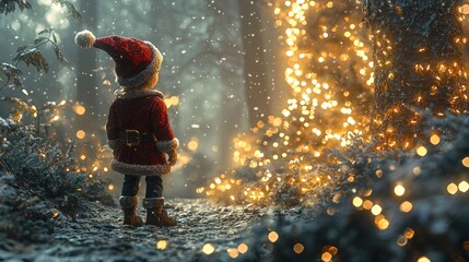 Fototapeta premium A magical elf creates a festive light display in a winter forest, adding a touch of enchantment to the Christmas season.