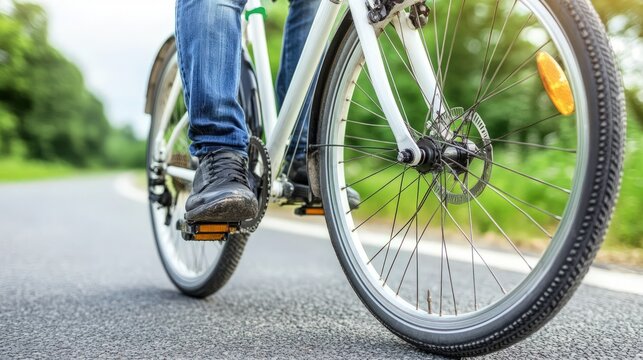 Closeup of a person's feet pedaling a bicycle on a paved road.
