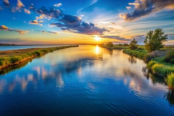 Naklejka premium Serene View of a River Flowing Gracefully into the Vastness of the Calm Blue Ocean at Sunset