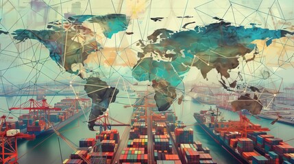 Obraz premium Intricate global value chains connecting manufacturers, suppliers, and distributors across borders - conceptual illustration of international trade and supply chains