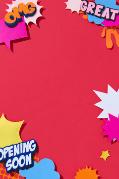 Colorful Comic Style Announcement Poster on Red Background