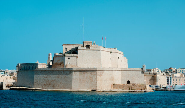view of Fort St. Angelo, in Birgu, Malta, from the sea