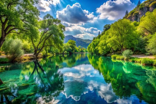 Serene Waters of Potamia: A Picturesque Landscape with Lush Greenery and Tranquil Reflections