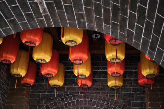 Closeup of decorative lanterns in the ancient city wall