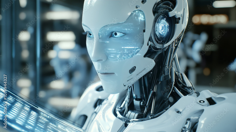 Poster a robot with a human-like face uses a virtual keyboard and interacts with a holographic display. thi