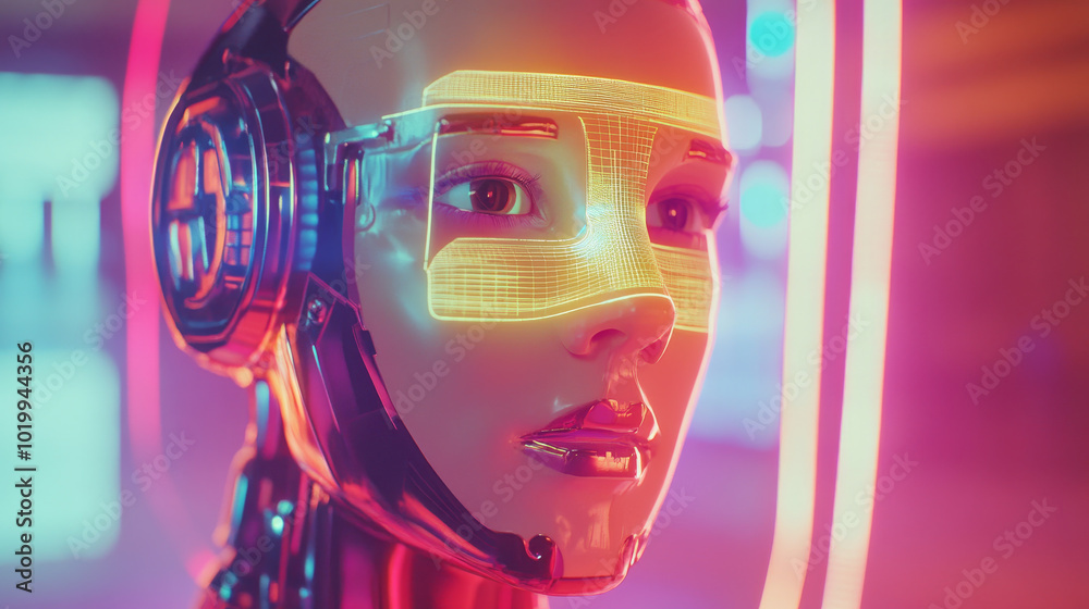 Poster a robot with a human-like face uses a virtual keyboard and interacts with a holographic display. thi