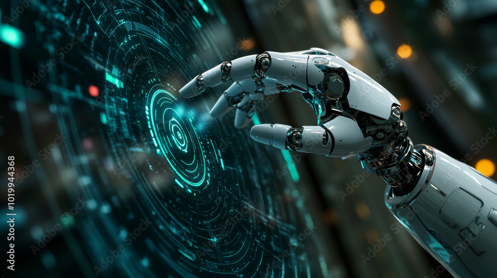 Poster the robot's hand touches a button on a futuristic screen, using its index finger. this shows how art