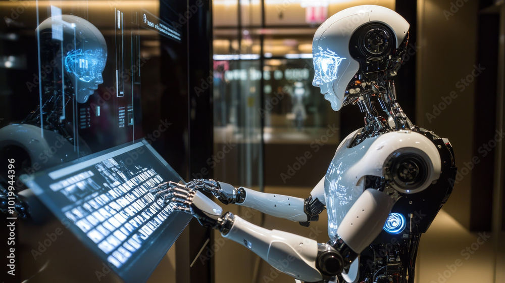 Poster a robot with a human-like face uses a virtual keyboard and interacts with a holographic display. thi