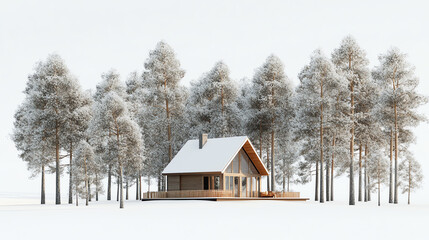 A cozy wooden cabin nestled amidst snow-covered pine trees in a winter wonderland.