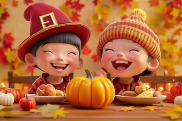 happy kids in thanksgiving celebration in 3d by generative ai