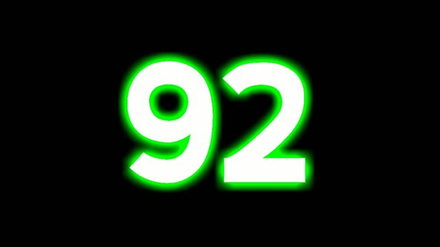 Neon number 92 ninety two sign symbol modern animation motion graphics flicking on black background,green color glowing and shining for video elements