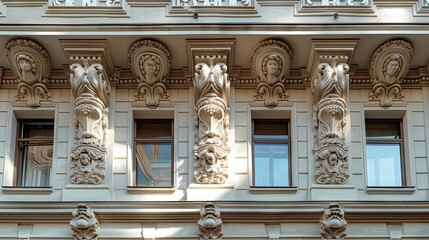 Obraz premium Intricate architectural details of building facade showcasing ornate design and craftsmanship