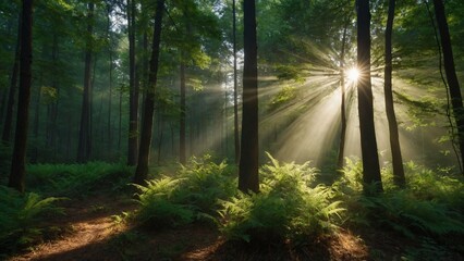 Obraz premium Beautiful rays of sunlight in a green forest 