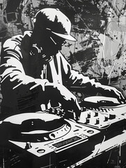 Fototapeta premium DJ in graffiti style. A man playing music on a turntable, wearing headphones and a hat.