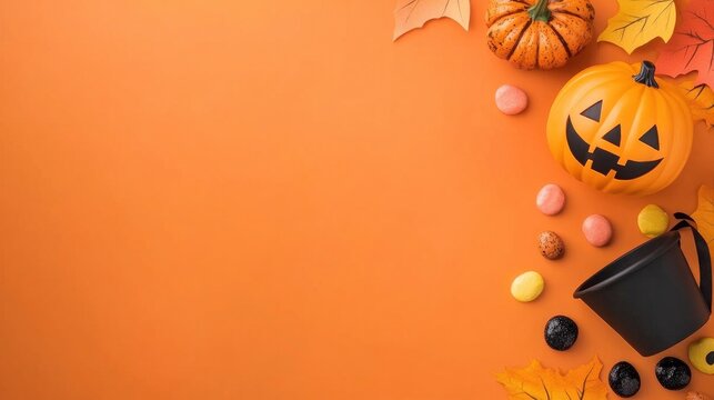 Halloween party concept with spooky elements, candy, and a pumpkin bucket on an orange background.
