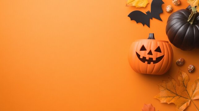 Halloween party concept with spooky elements, candy, and a pumpkin bucket on an orange background.