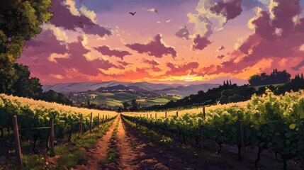 Naklejka premium Sunset Vineyard Path.