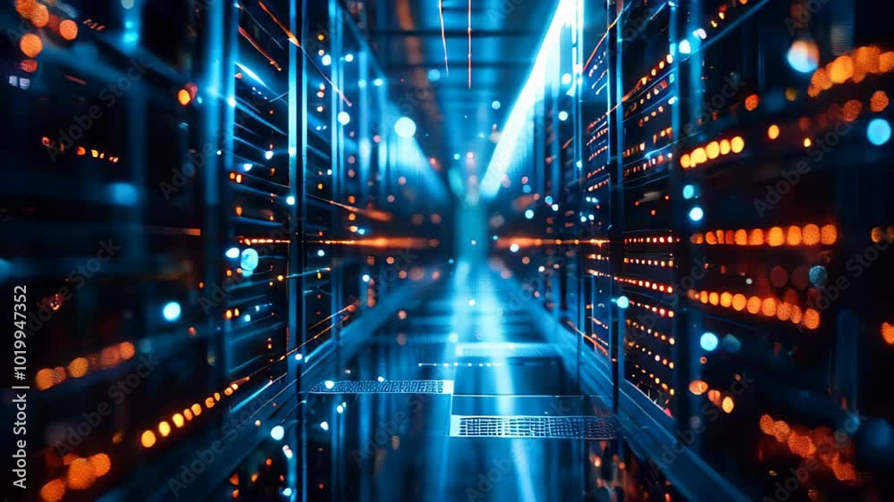 Poster data center with a row of computer servers. abstract generic concept of cyberspace, communication an
